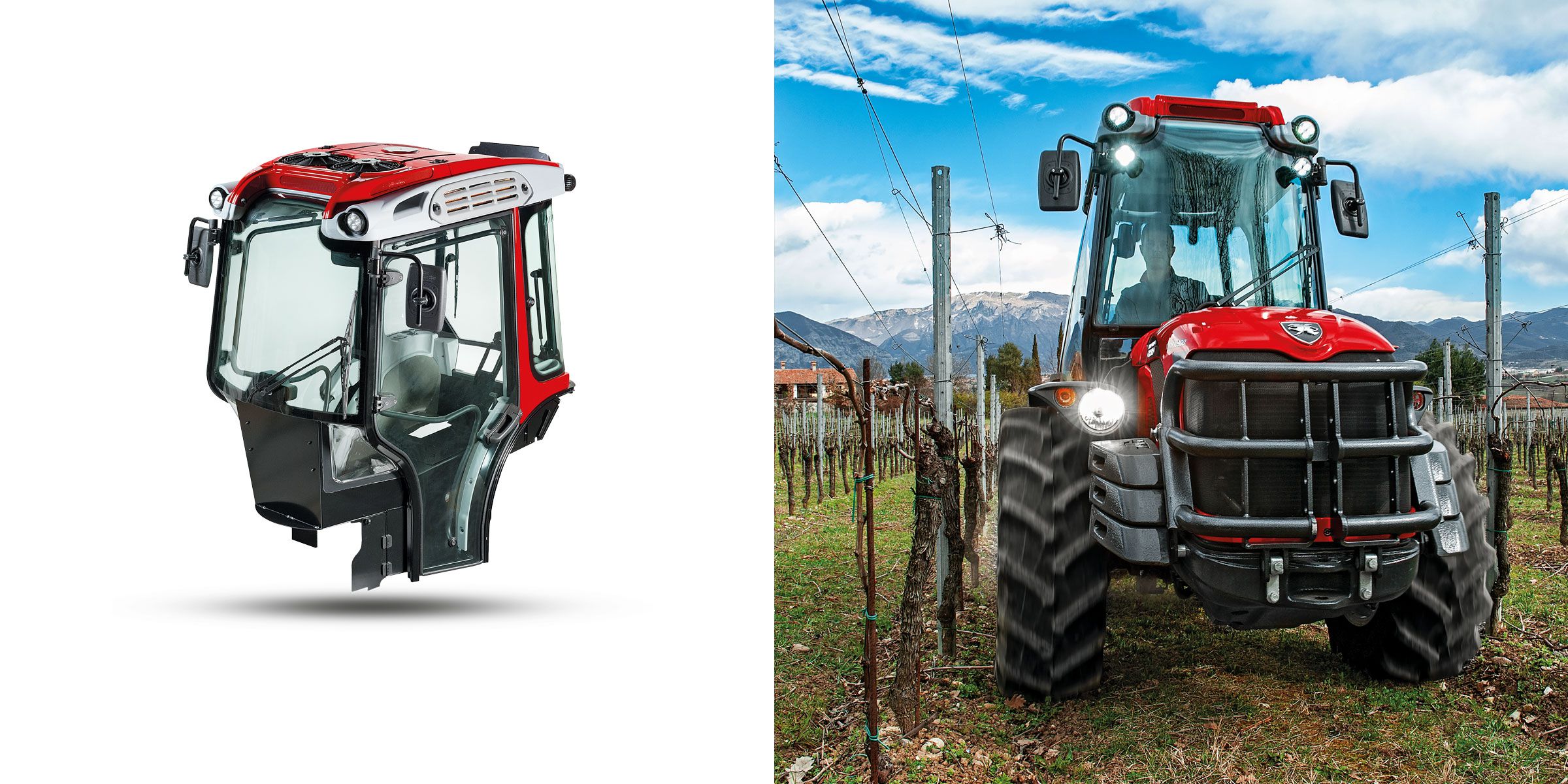 AIR is the cat-4-pressurized cab with FOPS and ROPS certification for the Antonio Carraro specialized tractors TRX, TRG, SRX, Tony, Mach from Ergit R series.